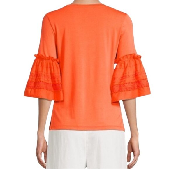 KOBI HALPERIN Embroidered Ruffle Flutter Bell Sleeve Jersey Top Blouse Tangerine - Picture 3 of 16